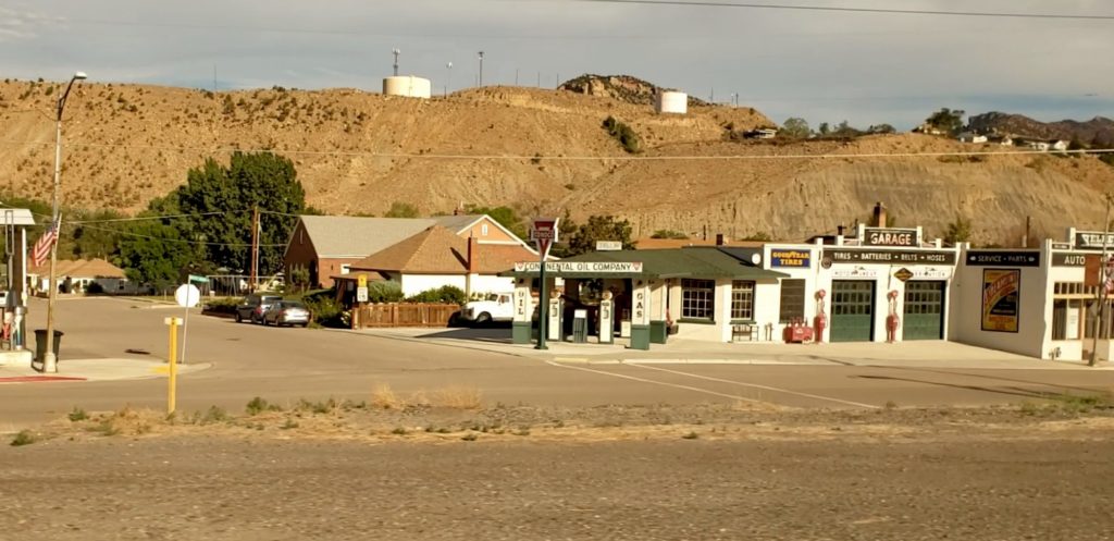 Historic gas station in Helper from train window