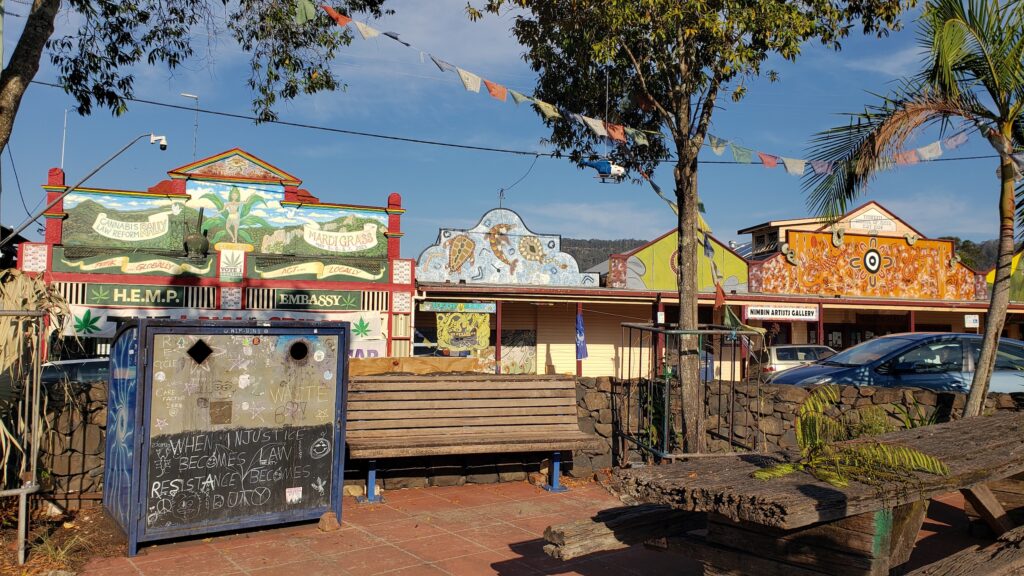 Hippie storefronts in Nimbin, Australia, a unique stop on my East Coast and Outback road trip